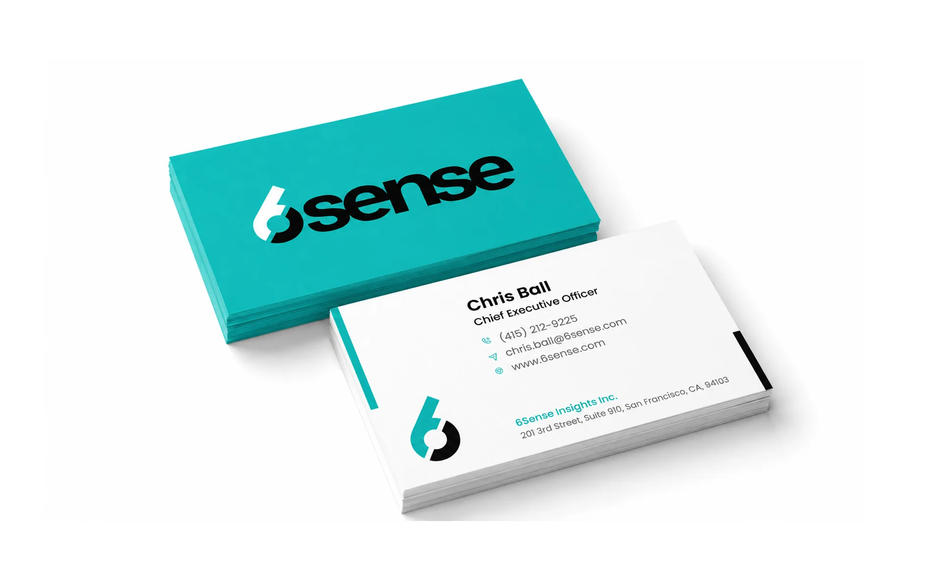 Premium 6sense business card mockup featuring a modern corporate identity with teal branding, minimalist typography, and professional contact details.