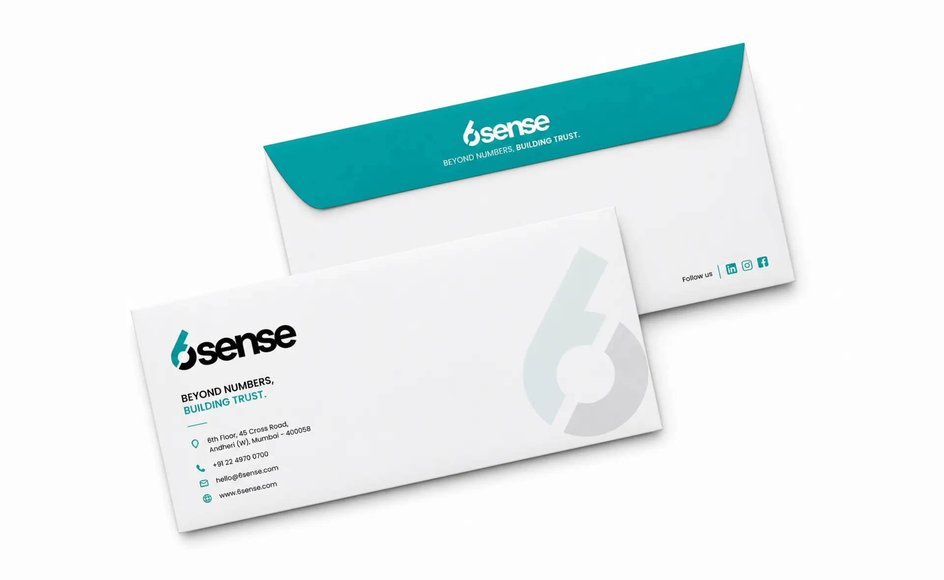 Professional 6sense branded envelope mockup showcasing a minimalist corporate identity with teal brand elements and a clean business stationery design.