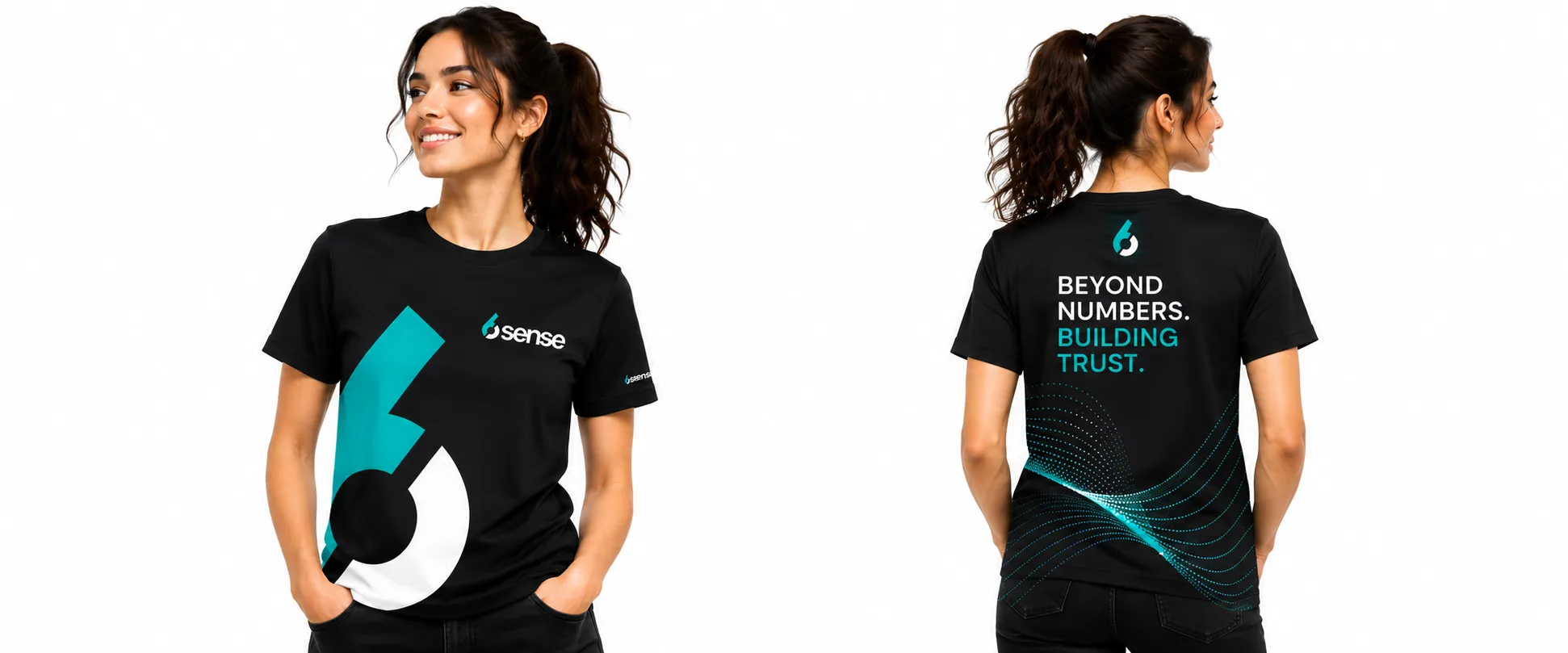 Female model wearing custom 6sense branded T-shirt front and back mockup