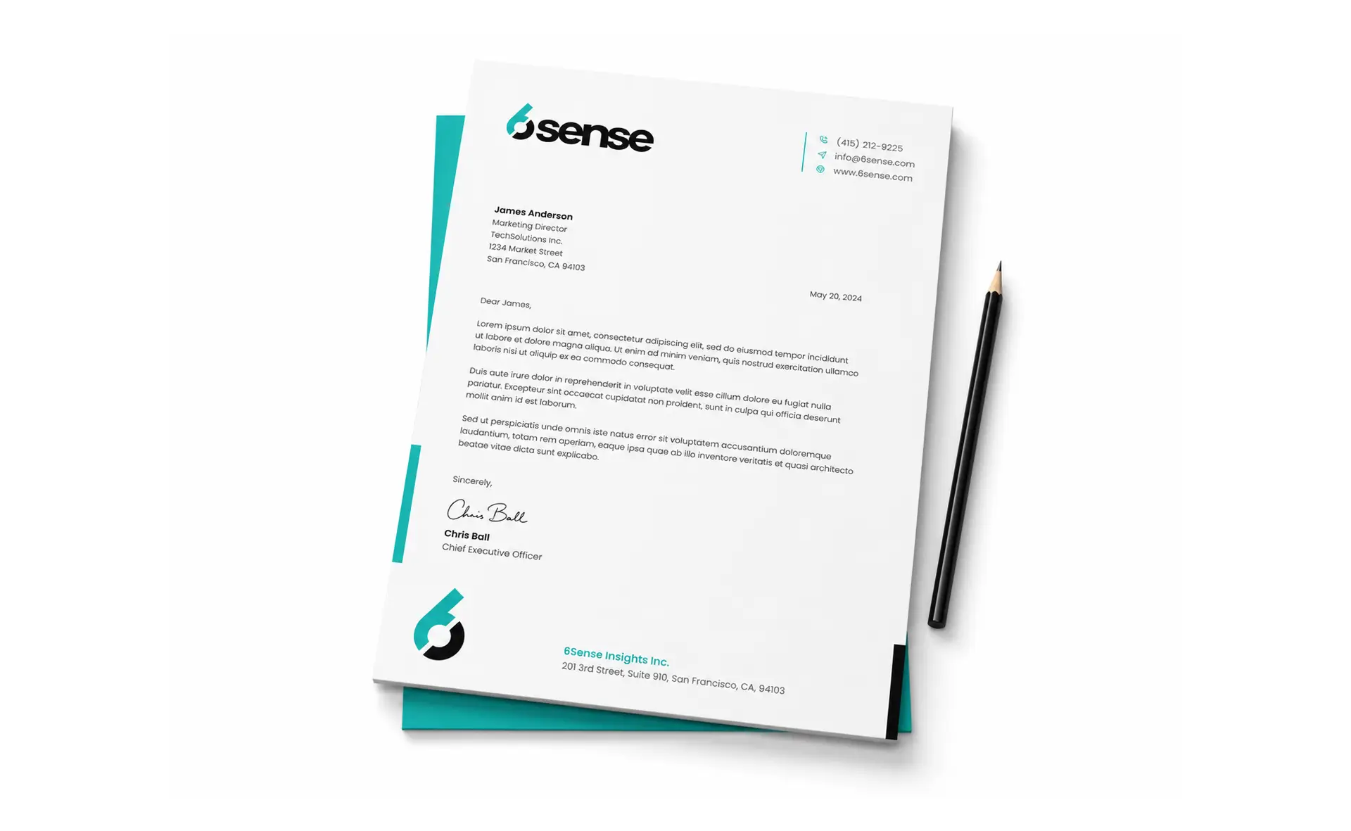 6sense corporate letterhead mockup with clean white layout, teal brand accents, and a modern stationery design for business communication.